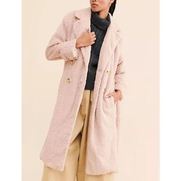 Free People OB1838252 Women Sz S Pink Faux Sherpa Relaxed Fit Cuff It Coat - Picture 11 of 12